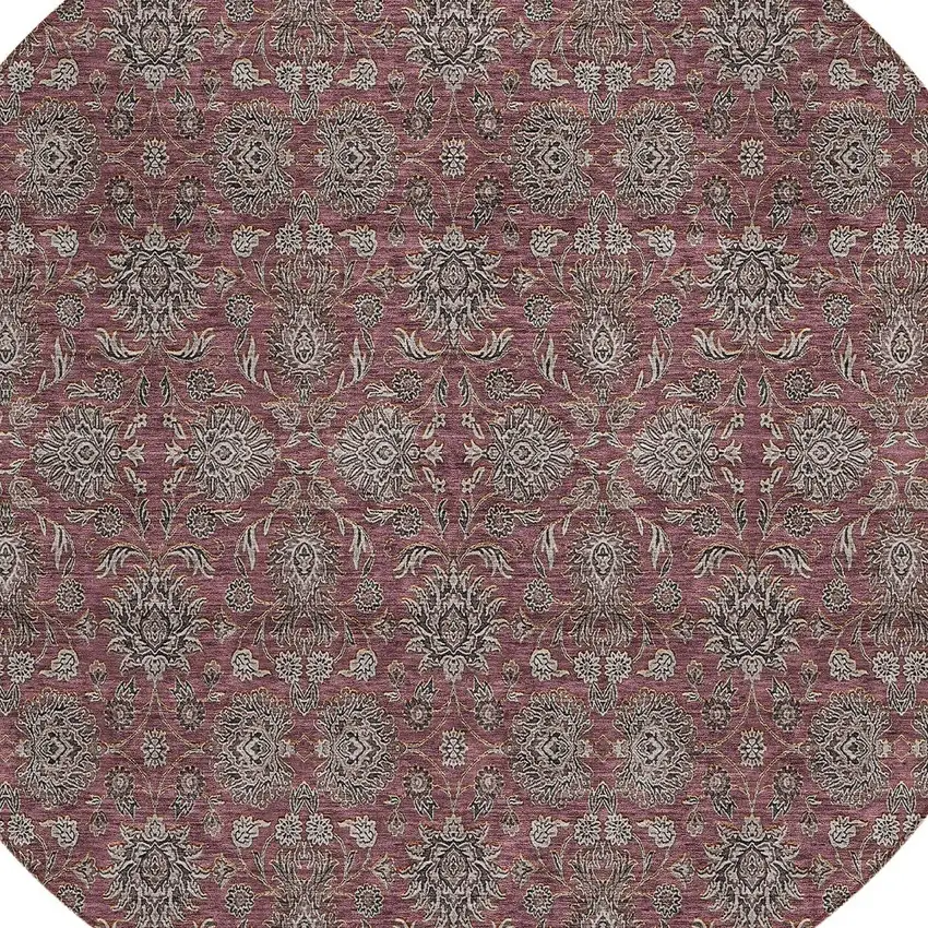 8' Merlot Gray And Taupe Round Floral Washable Indoor Outdoor Area Rug Photo 5