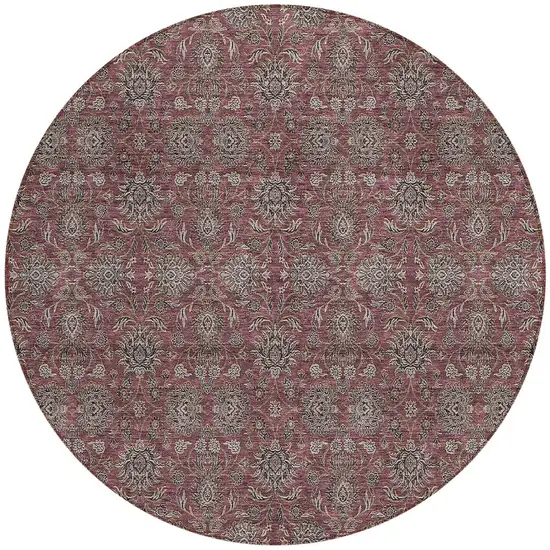 8' Merlot Gray And Taupe Round Floral Washable Indoor Outdoor Area Rug Photo 6