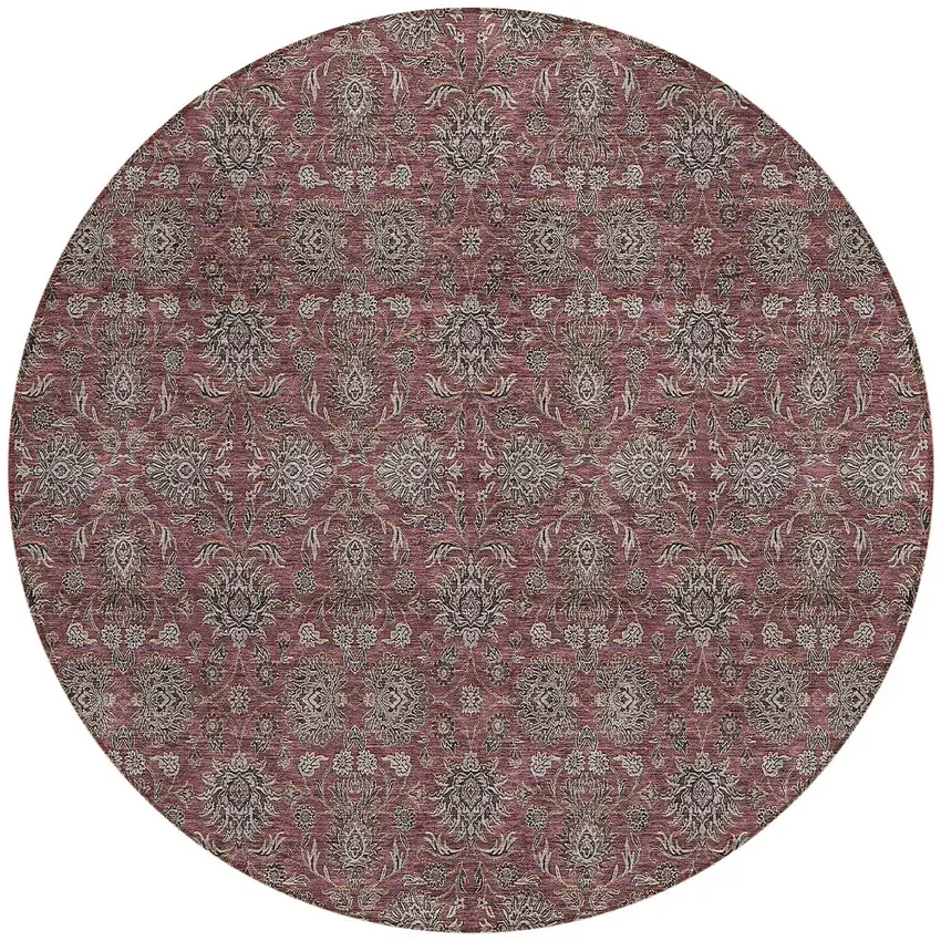 8' Merlot Gray And Taupe Round Floral Washable Indoor Outdoor Area Rug Photo 6