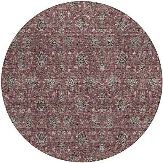 8' Merlot Gray And Taupe Round Floral Washable Indoor Outdoor Area Rug Photo 1