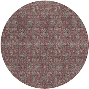 Photo of 8' Merlot Gray And Taupe Round Floral Washable Indoor Outdoor Area Rug