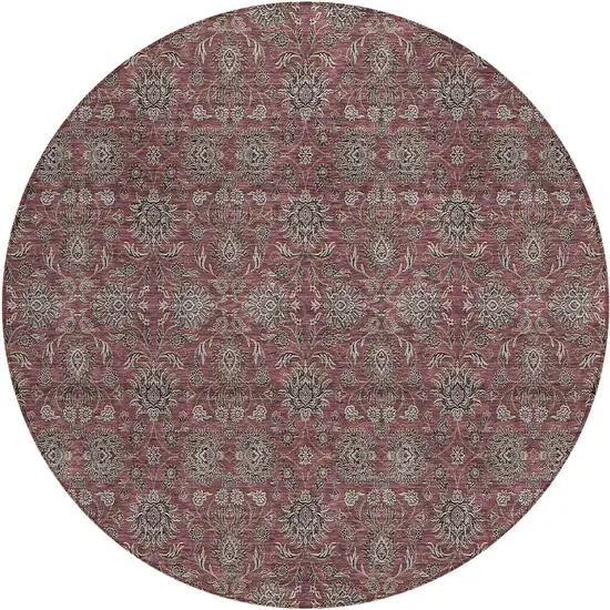 8' Merlot Gray And Taupe Round Floral Washable Indoor Outdoor Area Rug Photo 1