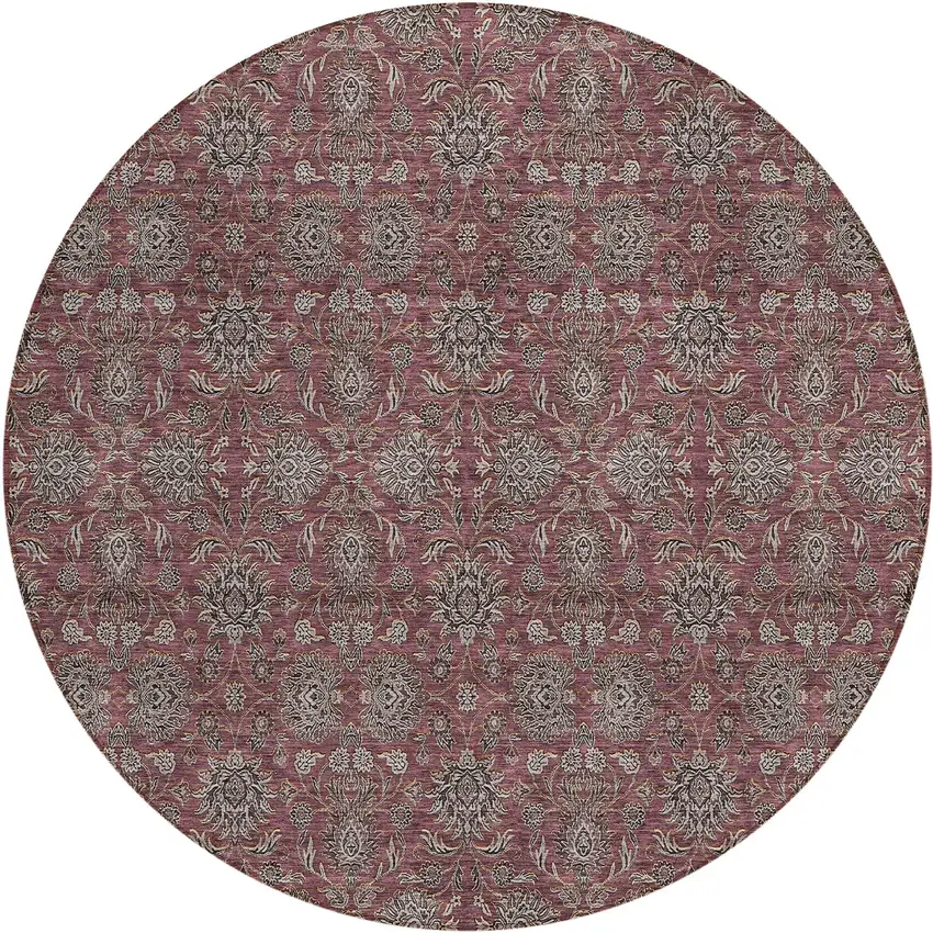 8' Merlot Gray And Taupe Round Floral Washable Indoor Outdoor Area Rug Photo 1
