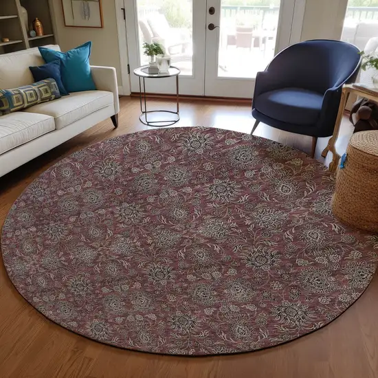 8' Merlot Gray And Taupe Round Floral Washable Indoor Outdoor Area Rug Photo 8