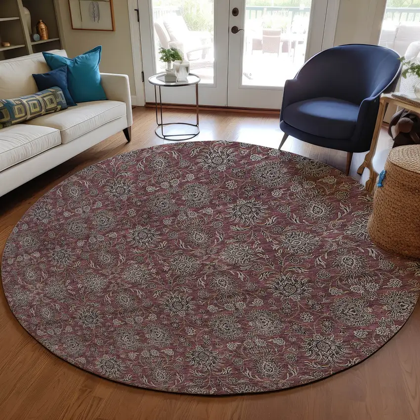 8' Merlot Gray And Taupe Round Floral Washable Indoor Outdoor Area Rug Photo 8
