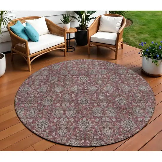 8' Merlot Gray And Taupe Round Floral Washable Indoor Outdoor Area Rug Photo 1