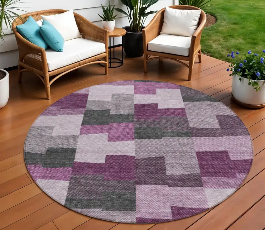 8' Merlot Mauve And Charcoal Round Geometric Washable Indoor Outdoor Area Rug Photo 1