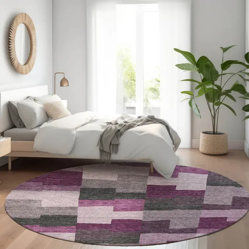 8' Merlot Mauve And Charcoal Round Geometric Washable Indoor Outdoor Area Rug Photo 8