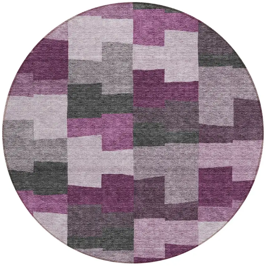 8' Merlot Mauve And Charcoal Round Geometric Washable Indoor Outdoor Area Rug Photo 6