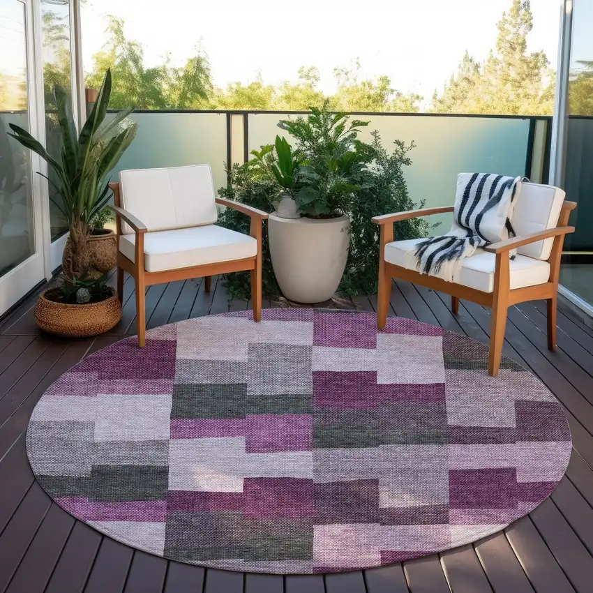 8' Merlot Mauve And Charcoal Round Geometric Washable Indoor Outdoor Area Rug Photo 7