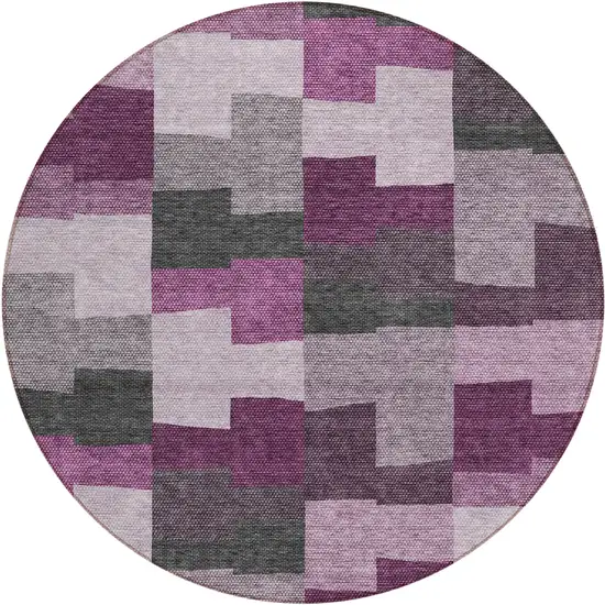 8' Merlot Mauve And Charcoal Round Geometric Washable Indoor Outdoor Area Rug Photo 2
