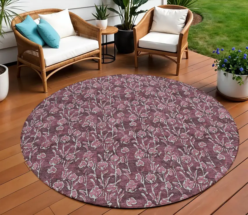 8' Merlot Mauve And Ivory Round Floral Washable Indoor Outdoor Area Rug Photo 1