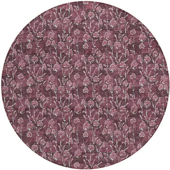 8' Merlot Mauve And Ivory Round Floral Washable Indoor Outdoor Area Rug Photo 2