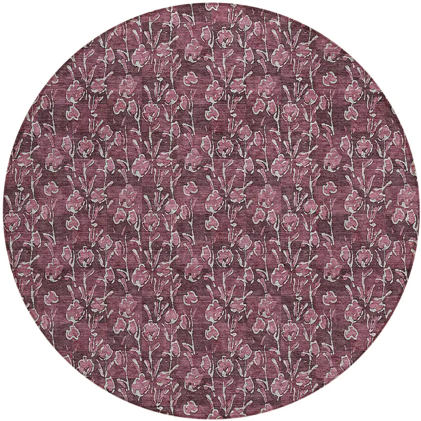 8' Merlot Mauve And Ivory Round Floral Washable Indoor Outdoor Area Rug Photo 2