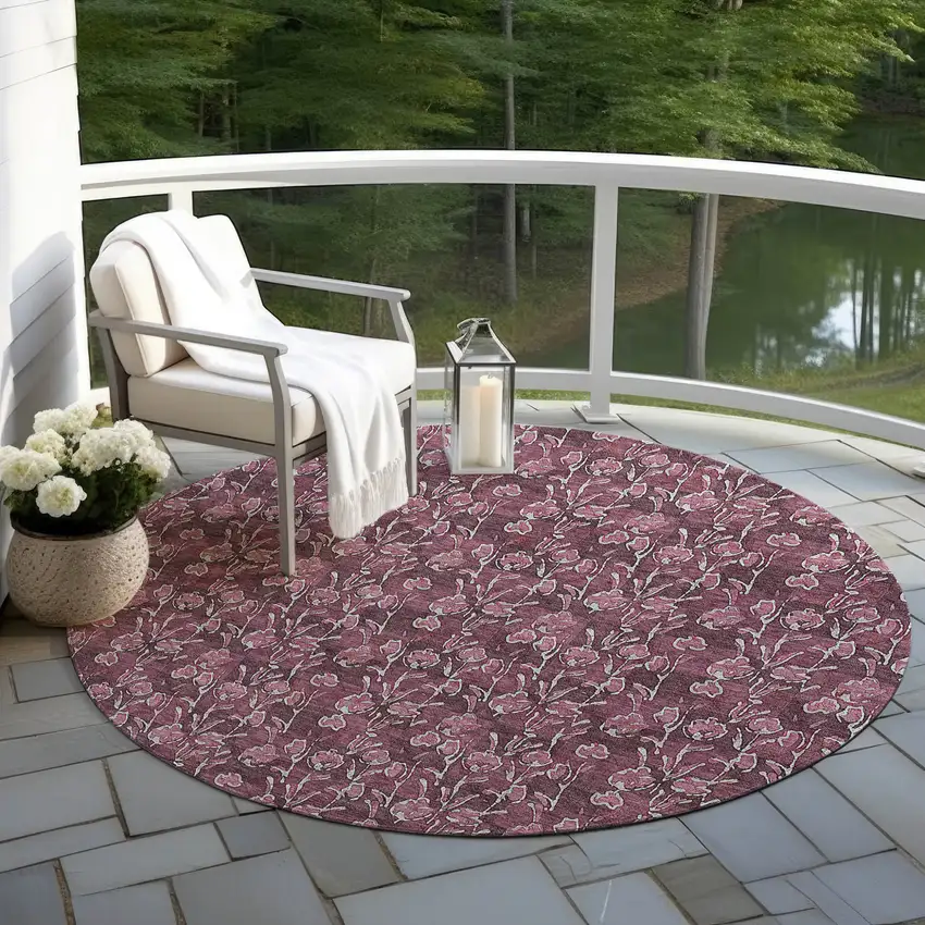 8' Merlot Mauve And Ivory Round Floral Washable Indoor Outdoor Area Rug Photo 6