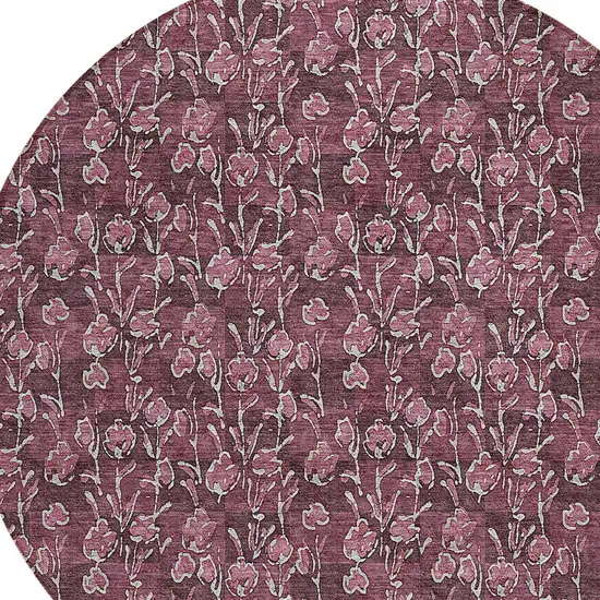 8' Merlot Mauve And Ivory Round Floral Washable Indoor Outdoor Area Rug Photo 4