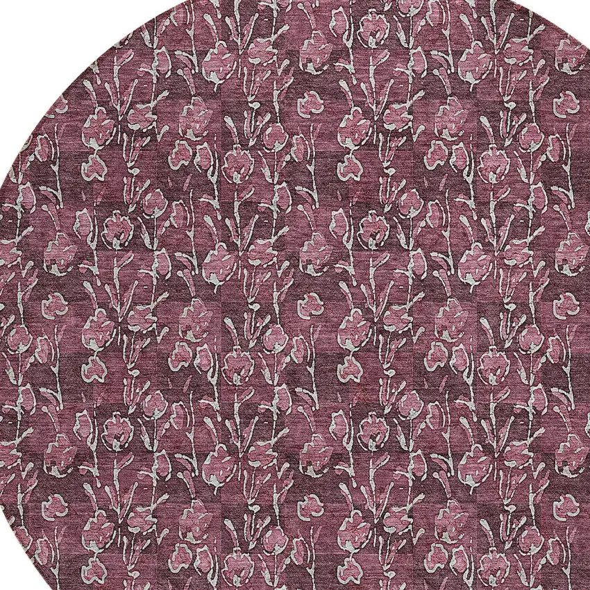 8' Merlot Mauve And Ivory Round Floral Washable Indoor Outdoor Area Rug Photo 4