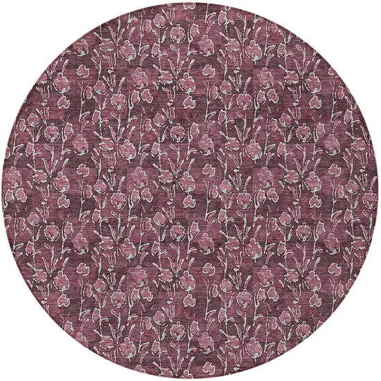 8' Merlot Mauve And Ivory Round Floral Washable Indoor Outdoor Area Rug Photo 5