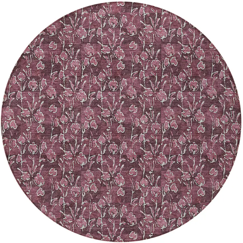 8' Merlot Mauve And Ivory Round Floral Washable Indoor Outdoor Area Rug Photo 5