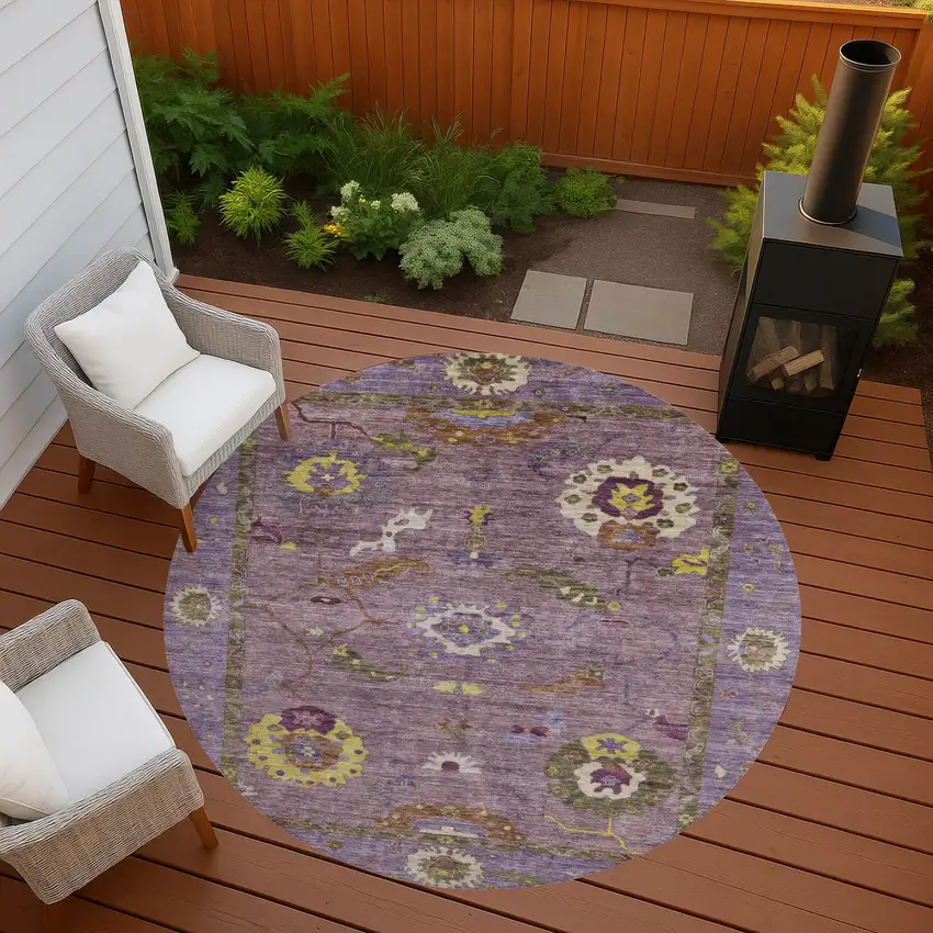 8' Merlot Plum And Gold Round Floral Medallion Washable Indoor Outdoor Area Rug Photo 9