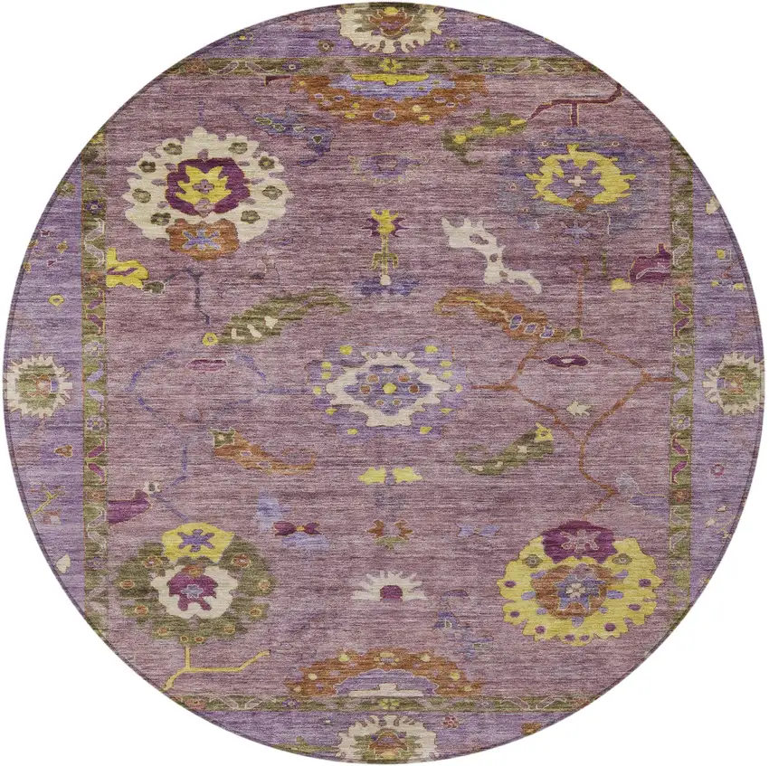 8' Merlot Plum And Gold Round Floral Medallion Washable Indoor Outdoor Area Rug Photo 4