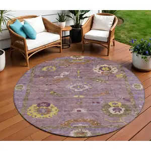 Photo of 8' Merlot Plum And Gold Round Floral Medallion Washable Indoor Outdoor Area Rug