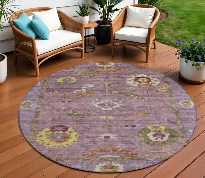 8' Merlot Plum And Gold Round Floral Medallion Washable Indoor Outdoor Area Rug Photo 1