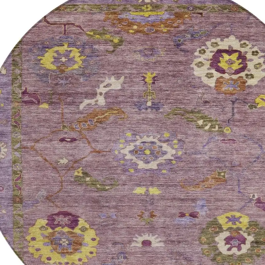8' Merlot Plum And Gold Round Floral Medallion Washable Indoor Outdoor Area Rug Photo 6