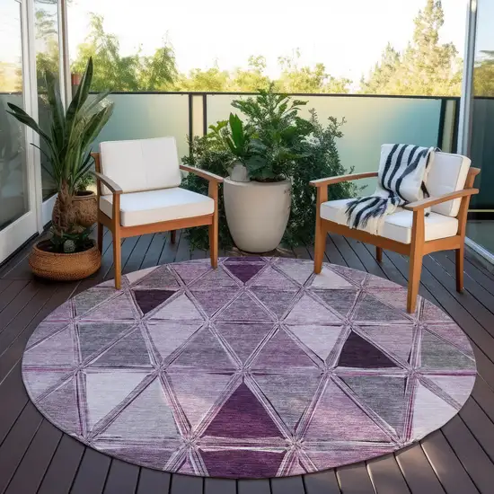 8' Merlot Purple And Lavender Round Geometric Washable Indoor Outdoor Area Rug Photo 7