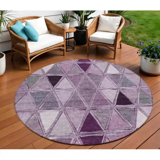 8' Merlot Purple And Lavender Round Geometric Washable Indoor Outdoor Area Rug Photo 1