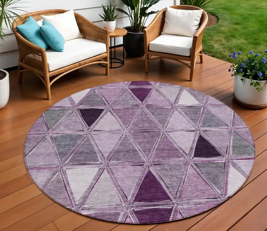 8' Merlot Purple And Lavender Round Geometric Washable Indoor Outdoor Area Rug Photo 1