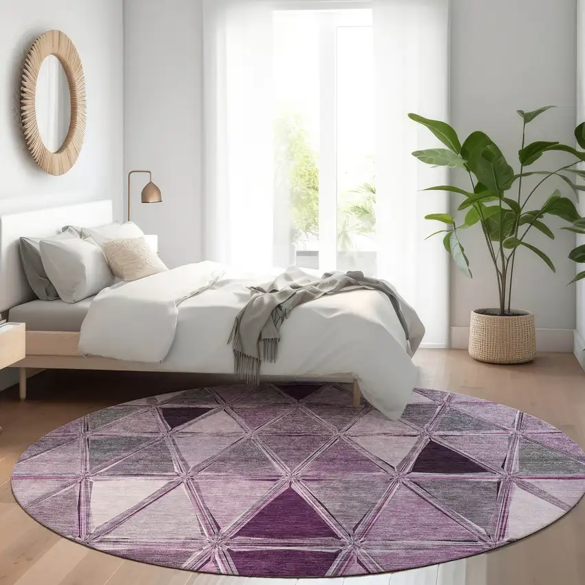 8' Merlot Purple And Lavender Round Geometric Washable Indoor Outdoor Area Rug Photo 9