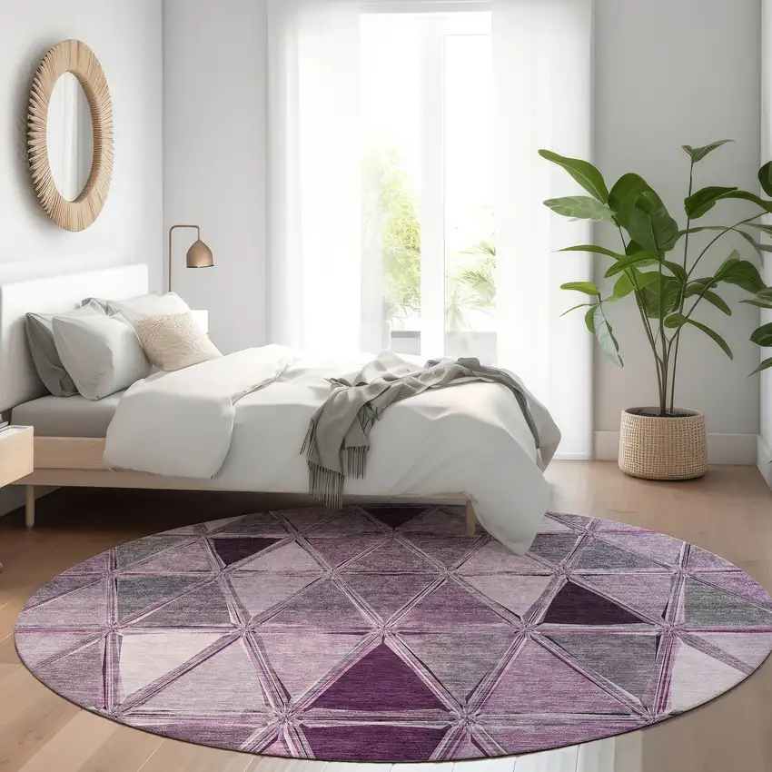 8' Merlot Purple And Lavender Round Geometric Washable Indoor Outdoor Area Rug Photo 9