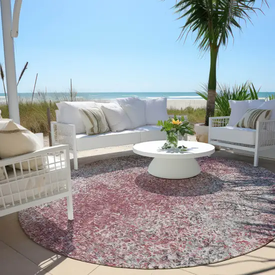 8' Merlot Silver And Gray Round Oriental Washable Indoor Outdoor Area Rug Photo 6