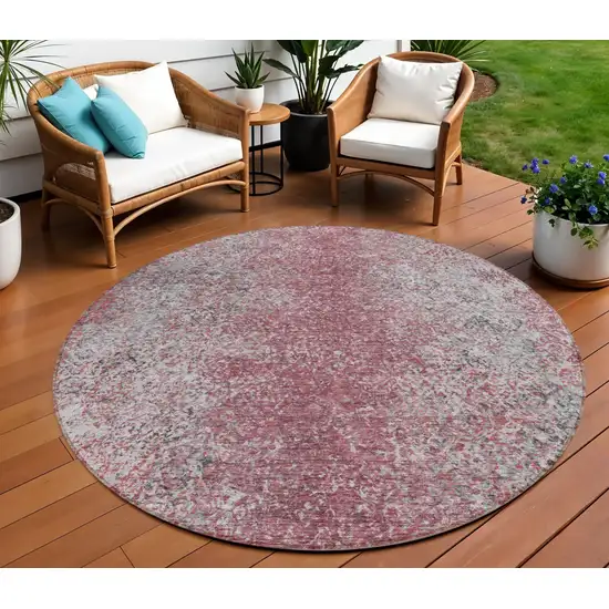 8' Merlot Silver And Gray Round Oriental Washable Indoor Outdoor Area Rug Photo 1