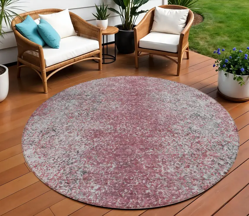 8' Merlot Silver And Gray Round Oriental Washable Indoor Outdoor Area Rug Photo 1
