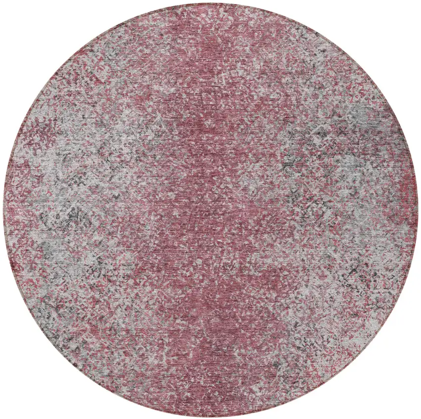 8' Merlot Silver And Gray Round Oriental Washable Indoor Outdoor Area Rug Photo 5
