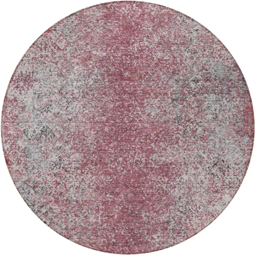 8' Merlot Silver And Gray Round Oriental Washable Indoor Outdoor Area Rug Photo 5