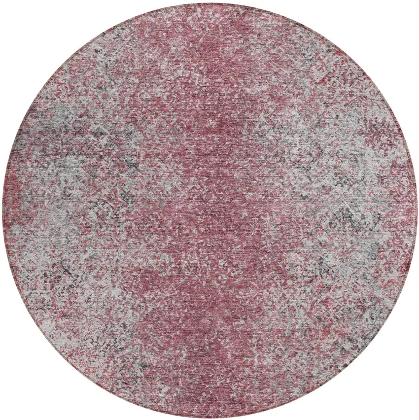 8' Merlot Silver And Gray Round Oriental Washable Indoor Outdoor Area Rug Photo 2