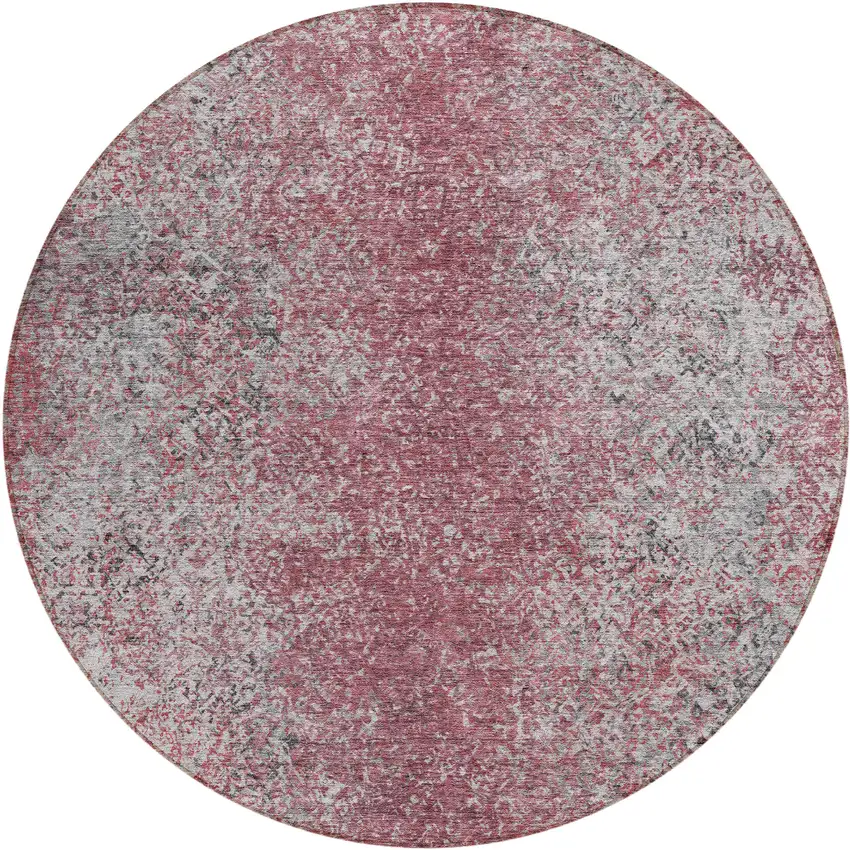 8' Merlot Silver And Gray Round Oriental Washable Indoor Outdoor Area Rug Photo 2