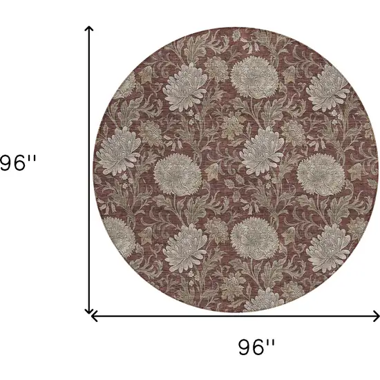 8' Merlot Taupe And Beige Round Floral Washable Indoor Outdoor Area Rug Photo 3