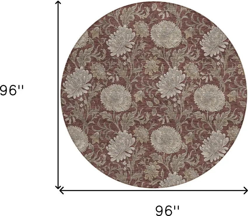 8' Merlot Taupe And Beige Round Floral Washable Indoor Outdoor Area Rug Photo 3