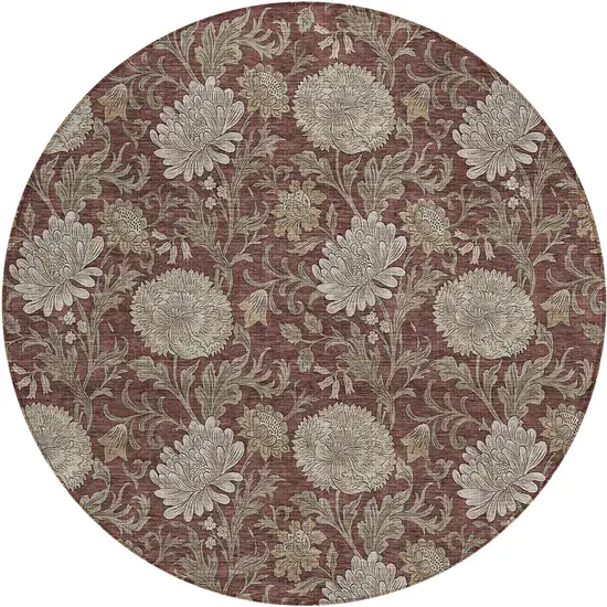 8' Merlot Taupe And Beige Round Floral Washable Indoor Outdoor Area Rug Photo 2