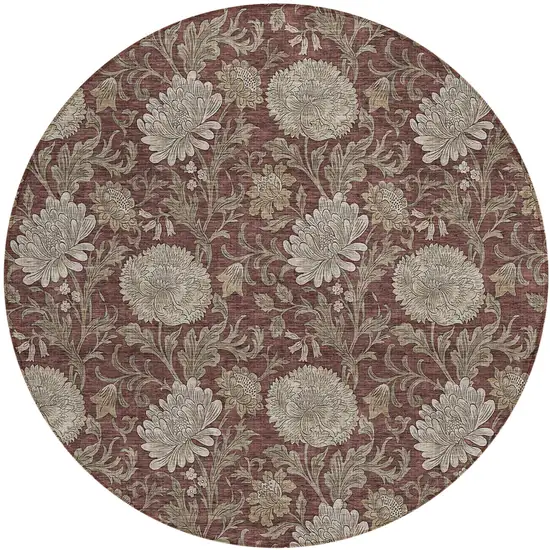 8' Merlot Taupe And Beige Round Floral Washable Indoor Outdoor Area Rug Photo 2