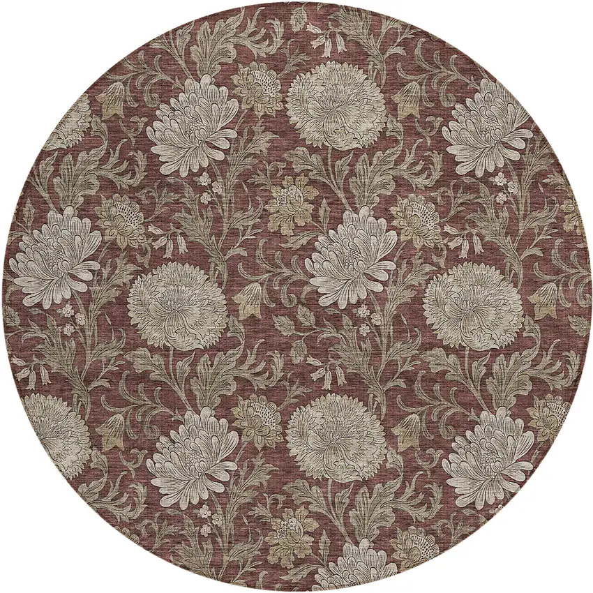 8' Merlot Taupe And Beige Round Floral Washable Indoor Outdoor Area Rug Photo 2
