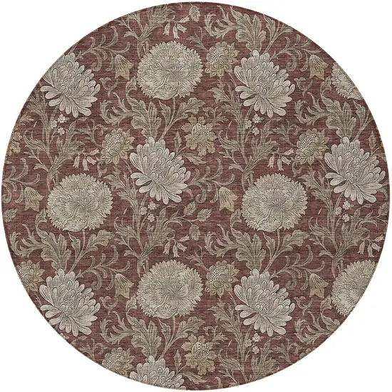 8' Merlot Taupe And Beige Round Floral Washable Indoor Outdoor Area Rug Photo 5