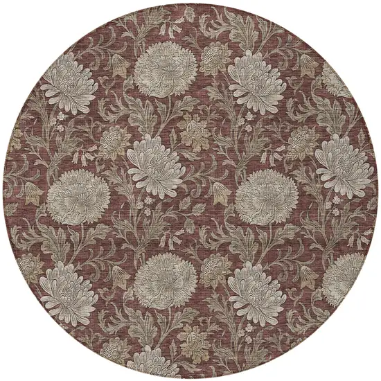 8' Merlot Taupe And Beige Round Floral Washable Indoor Outdoor Area Rug Photo 5