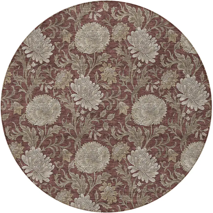 8' Merlot Taupe And Beige Round Floral Washable Indoor Outdoor Area Rug Photo 5