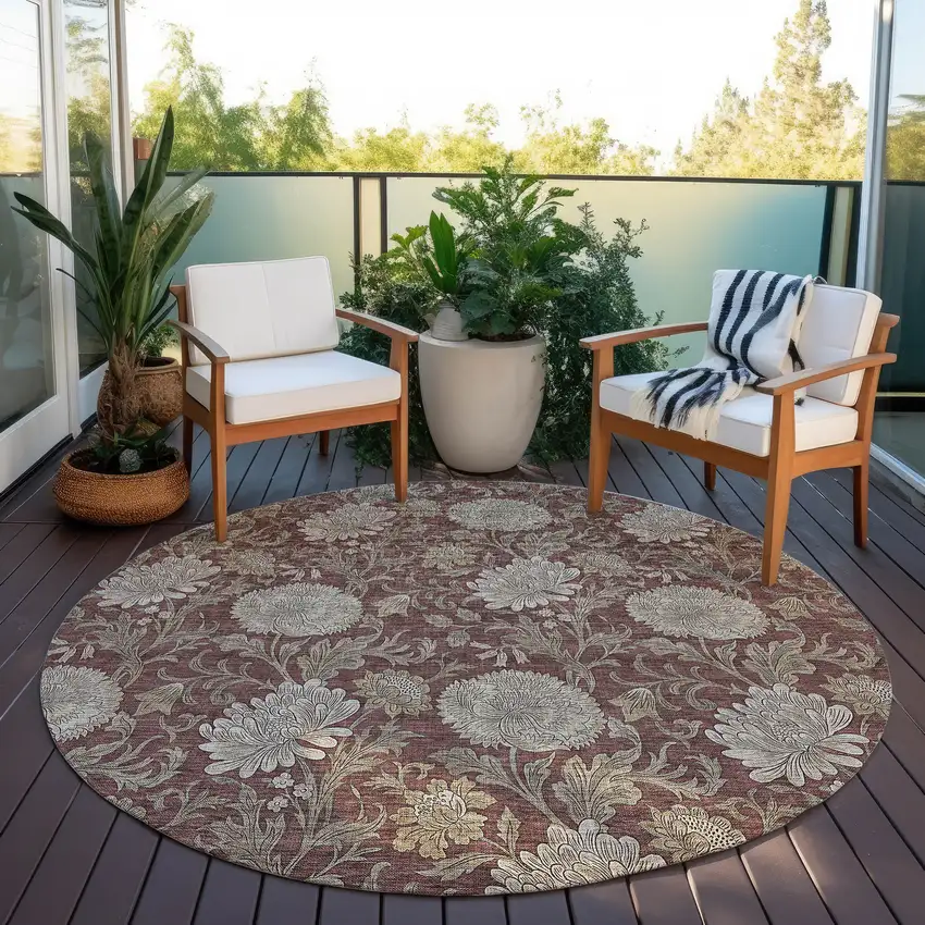 8' Merlot Taupe And Beige Round Floral Washable Indoor Outdoor Area Rug Photo 6