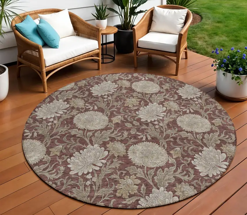 8' Merlot Taupe And Beige Round Floral Washable Indoor Outdoor Area Rug Photo 1